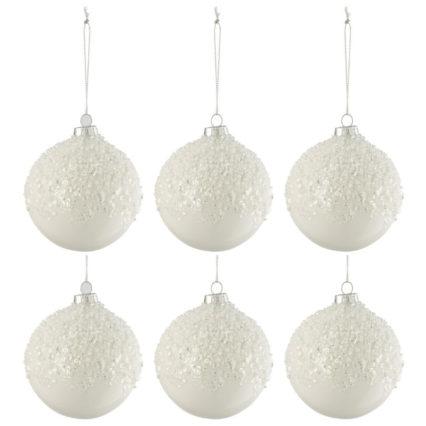 Set šesti bílých skleněných vánočních ozdob J-Line Snow Ball 9 cm